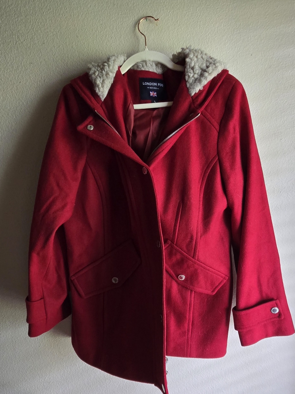London Fog Red Hooded Pea Coat with Faux Shearling Trim